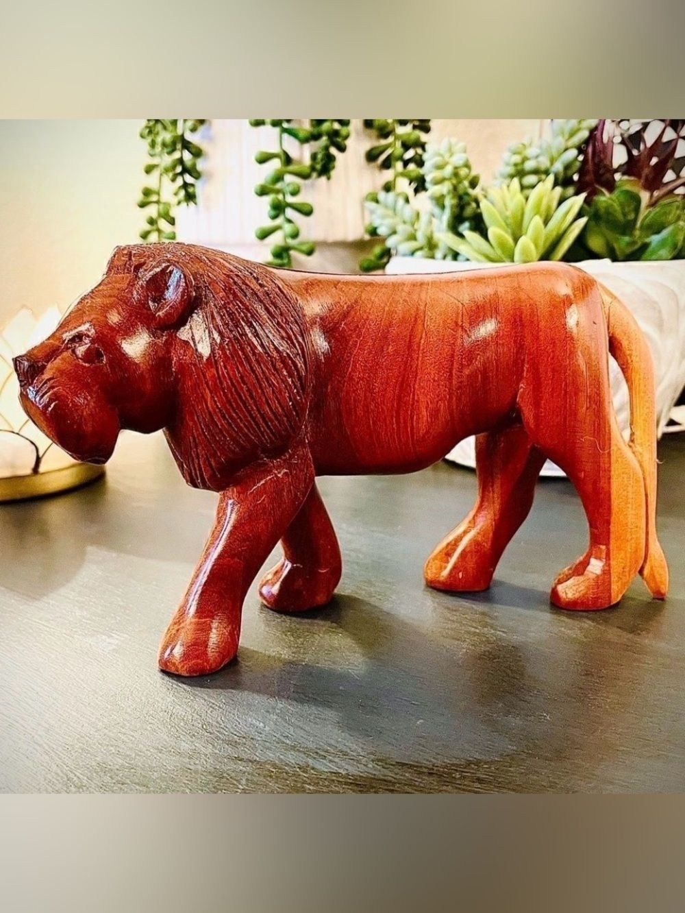♥️ Lion Figurine, hand carved wooden mid century